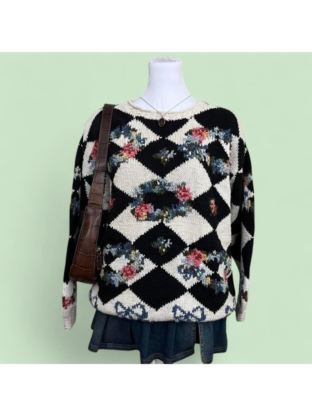 90s floral checkered cottagecore granny sweater